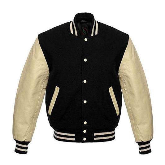 Black Varsity Jacket With Cream Sleeves