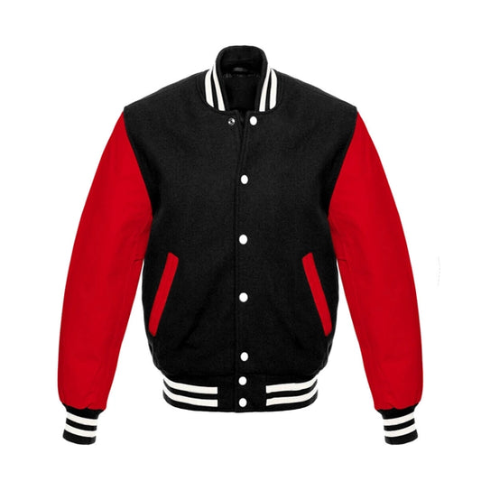 Black Wool Red Leather Sleeves Varsity Jacket