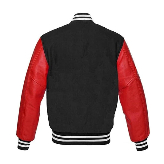 Black Wool Red Leather Sleeves Varsity Jacket