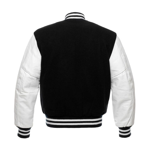 Black Wool White Leather Sleeves Varsity Jacket