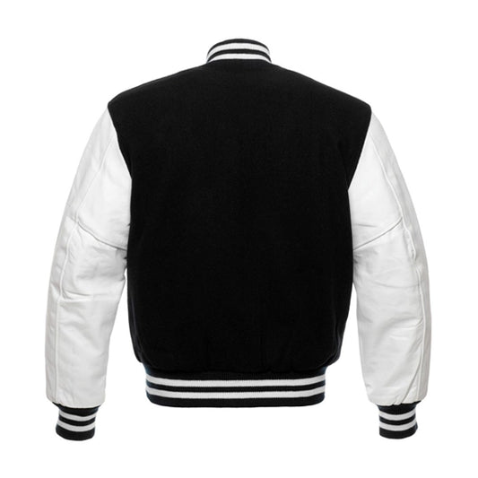 Black Wool White Leather Sleeves Varsity Jacket