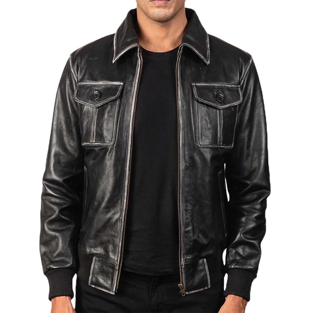 Urban Classic Black Leather Bomber Jacket