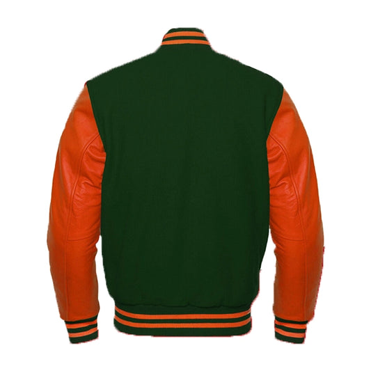 Green Wool Orange Leather Sleeves Varsity Jacket