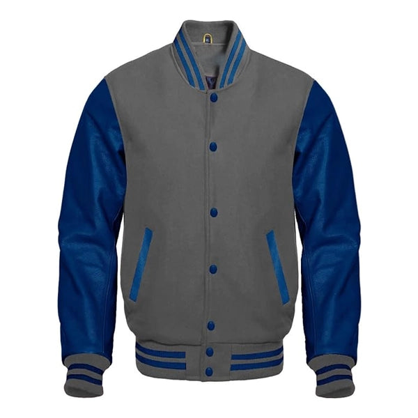 Grey Wool Navy Blue Leather Sleeves Varsity Jacket