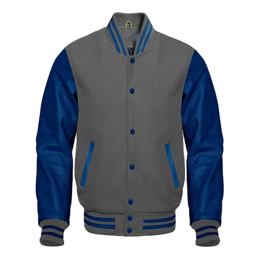 Grey Wool Navy Blue Leather Sleeves Varsity Jacket