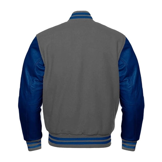 Grey Wool Navy Blue Leather Sleeves Varsity Jacket