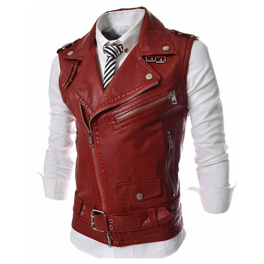 Mens Slim Fit Red leather Vest
